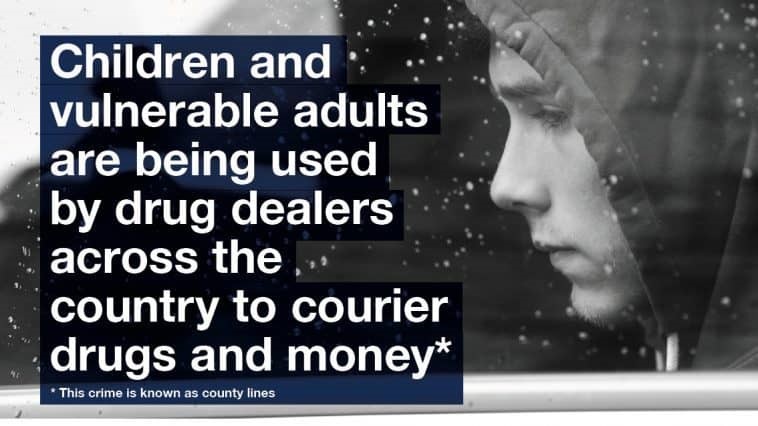 Image of a young person, with the words children and vulnerable adults are being used by drug dealers across the country to courier drugs and money. This crime is known as county lines.
